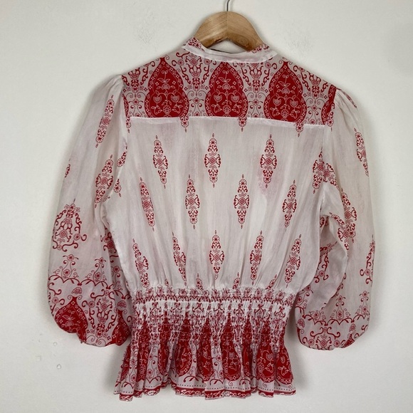 Sans Souci silk cotton blend boho open red and white top. Size large - Picture 5 of 5